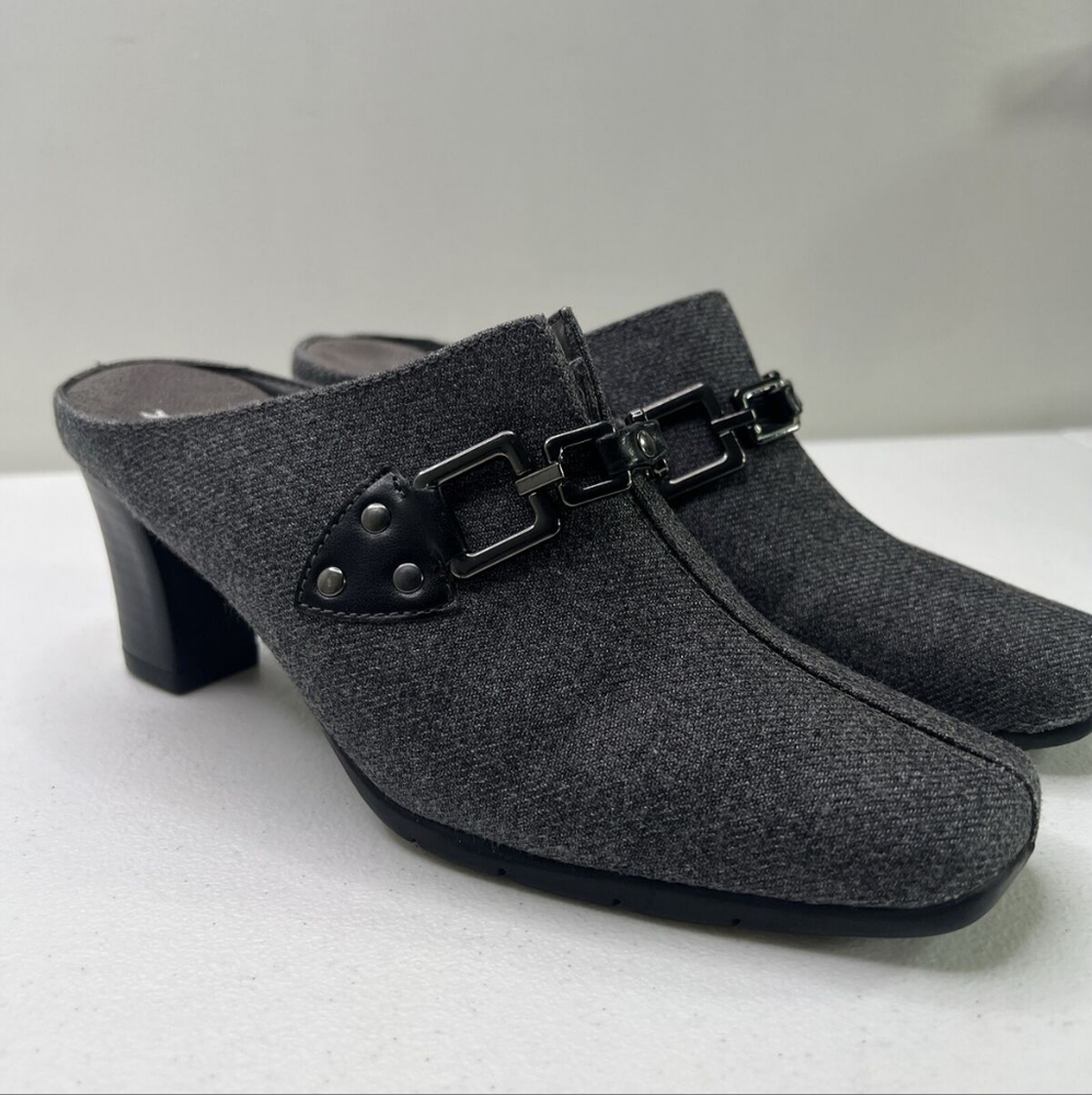 Aerosoles Backless Grey Suede Mules with Black Buckle